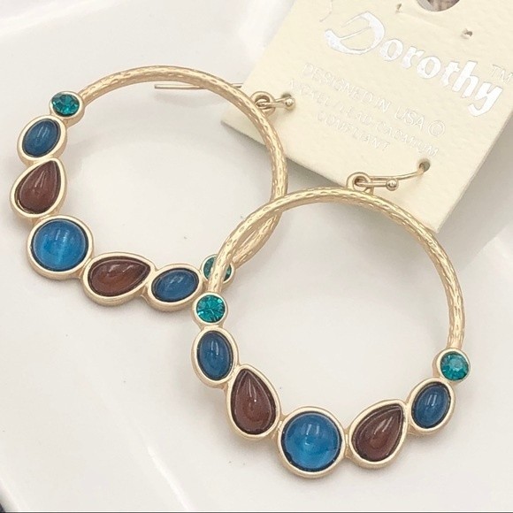 🌼 Brown & Aqua Blue Gem Gold Drop Hoop Circle Dangle Earrings - Picture 2 of 3